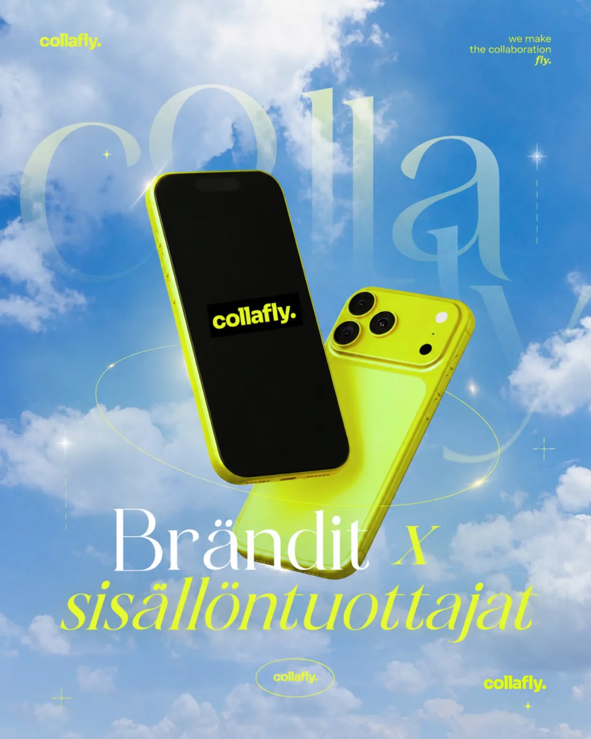 Collafly-brändätyt puhelimet pilvitaustalla